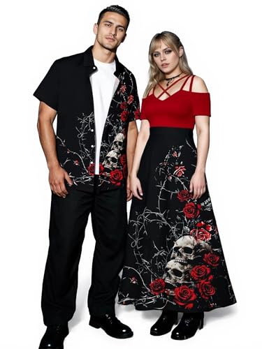 Rosegal Matchable Halloween-Kleid mit Totenkopf-Motiv, für Paare, Hemd oder Übergröße, schulterfrei, kurze Ärmel, Schwarz, Damen, M Rosegal Matchable Halloween-Kleid mit Totenkopf-Motiv, für Paare, Hemd oder Übergröße, schulterfrei, kurze Ärmel, Schwarz, Damen, M von ROSE GAL