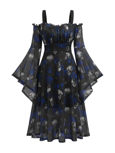 Rosegal Mittelalterliche Renaissance-Kostüme für Damen, Gothic, Glockenärmel, kalte Schultern, Totenköpfe, Rosen, Netzkleid, Halloween, Kostüm, Hexe, Cosplay (Blau, Größe 2/L) von ROSE GAL