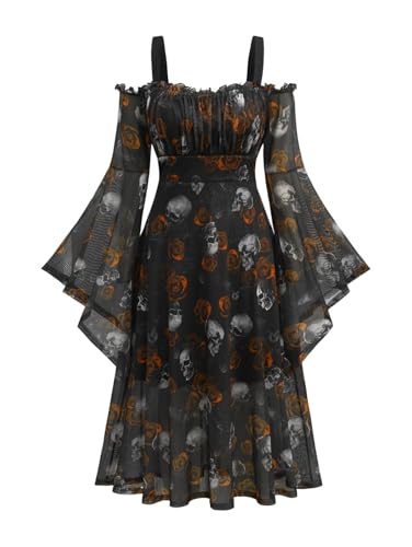 Rosegal Mittelalterliche Renaissance-Kostüme für Damen, Gothic, Glockenärmel, kalte Schultern, Totenköpfe, Rosen, Netzkleid, Halloween-Kostüm, Hexe, Cosplay (Organe_1/L) von ROSE GAL