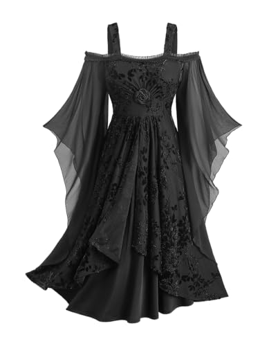 Rosegal Mittelalterliches Vintage-Kostüm, Gothic-Midikleid, Rosenbeflockung, Glitzer, Schulterfrei, Chiffon, ausgestellte Ärmel, Gothic, Grunge-Kleid (Schwarz, 1/5X) von ROSE GAL