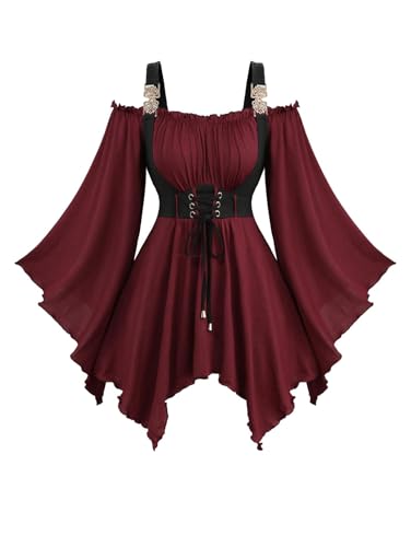 Rosegal Unterbrustkorsett für Damen, Übergröße, mittelalterliche Renaissance, schulterfrei, Trompetenärmel, Bauern-Top, Hemd, viktorianisches Gothic-Kostüm, Renaissance-Kostüm (Rot, 1/5X) von ROSE GAL