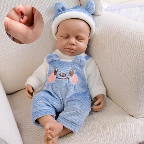ROSHUAN 12 Zoll Realistische Reborn Babypuppen Silikon Ganzkörper Schwarz Junge Afroamerikanisch Real Life Babypuppe Mini Silikon Schlafpuppen Lebensechte Neugeborene Babypuppe Spielzeug von ROSHUAN