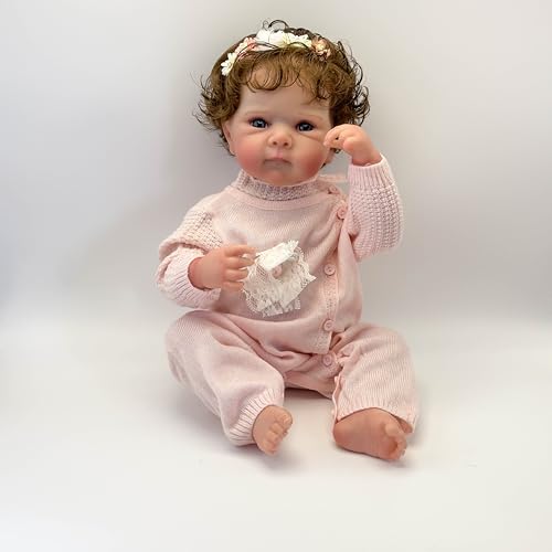ROSHUAN 18 Zoll Braun Lockiges Haar Reborn Baby Puppen Silikon Vollvinyl Körper Mädchen Anatomisch Korrekt Realistisch Leben wie Neugeborenes Babypuppe Geschenke für Kinder von ROSHUAN