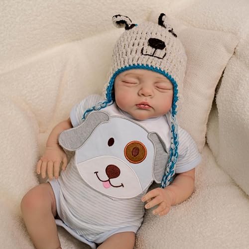 ROSHUAN 18 Zoll Realistische Reborn Baby Puppen Lebensechte Neugeborener Schlafender Junge Babypuppe Handgemachte Gewichtete Weiche Körper mit Spielzeug Zubehör für Kinder Alter 3+ von ROSHUAN