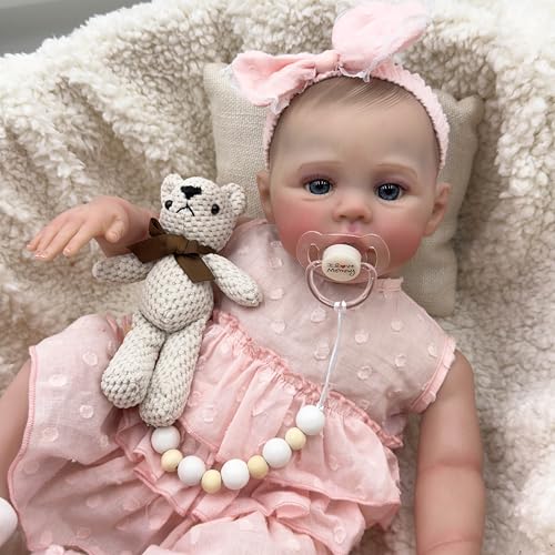ROSHUAN 19 Zoll Realistische Reborn Baby Puppen Lebensechte Silikon Vollkörper Vinyl Neugeborenes Babypuppen Augen Offenes Mädchen mit Zubehör für 3+ Jahre alt Geschenke von ROSHUAN