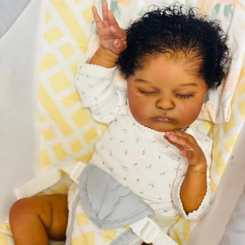 ROSHUAN 19 Zoll schwarze afrikanische amerikanische Mädchen Reborn Babypuppen weiches Tuch Körper lockiges Haar Reborn Kleinkind Schlafpuppe handgefertigt lebensechte realistische Neugeborene von ROSHUAN
