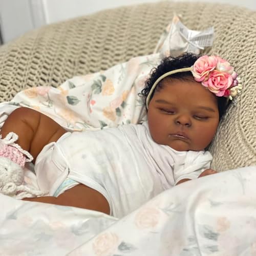 ROSHUAN 20 Zoll Reborn Baby Puppen Schlafen Schwarzes Mädchen Afroamerikanisch Lockigen Haar Realistische Neugeborene Babypuppen Weicher voller Vinyl Körper Lebensechte Babypuppe von ROSHUAN