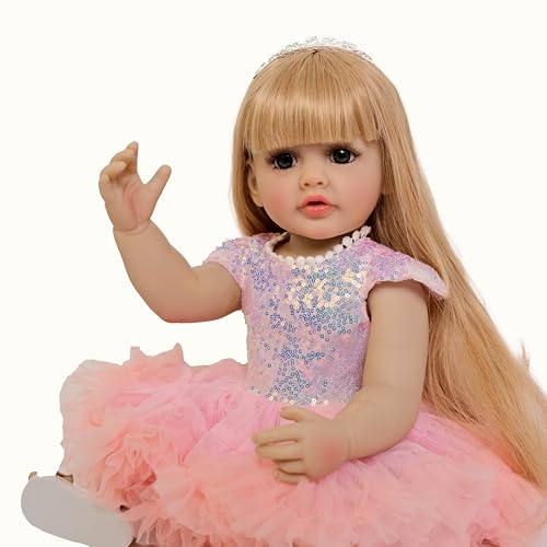 ROSHUAN 22 Inch Reborn Babypuppen Mädchen Weiche Full Vinyl Körper Realistische Neugeborene Baby Puppen Lebensechte Kleinkind Prinzessin Babypuppe mit Blondem Langen Geraden Haar von ROSHUAN