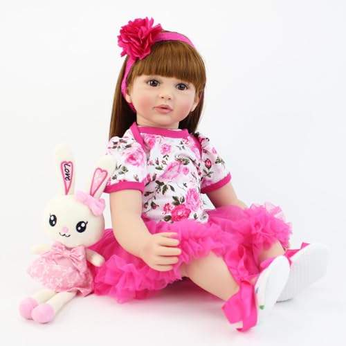 ROSHUAN 24 Zoll 60 cm Reborn Babypuppen Mädchen Weiche Tuch Körper Realistische Neugeborene Baby Puppen Handgemachte Lebensechte Kleinkind Puppe Mit Braun Lange Haar von ROSHUAN