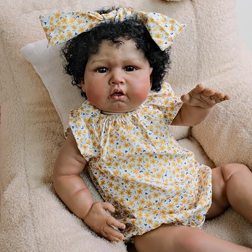 ROSHUAN 61 cm schwarzes afrikanisches amerikanisches Mädchen Reborn Babypuppen Reborn Kleinkind Puppe Weicher Stoffkörper mit brauner Haut und lockigem Haar Handgemachte lebensechte realistische von ROSHUAN