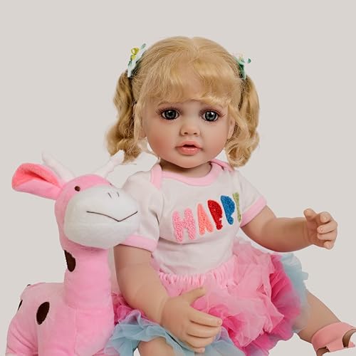 ROSHUAN Blonde Lockiges Haar Realistische Reborn Babypuppen Mädchen 22 Zoll Weiche Silikon Voll Vinyl Körper Neugeborene Baby Puppen Mit Spielzeug Zubehör Geschenke für Kinder Alter 3+ von ROSHUAN