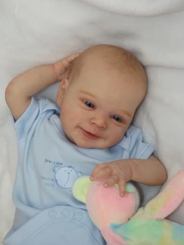 ROSHUAN Lächelnde Reborn Babypuppe Augen offen 45,72 cm realistisch neugeborenes Silikon Babypuppen weiche Leinwand Körpergewichtete handgemachte niedliche lebensechte Babypuppen mit blauem Outfit für von ROSHUAN
