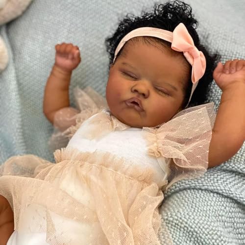 ROSHUAN Real Life Babypuppen Silikon Ganzkörper Schwarz Mädchen 19 Zoll Afroamerikanisch Realistische Reborn Babypuppen Verwurzeltes Haar Lebensechte Neugeborene Babies Puppe, die wie echtes Spielzeug von ROSHUAN