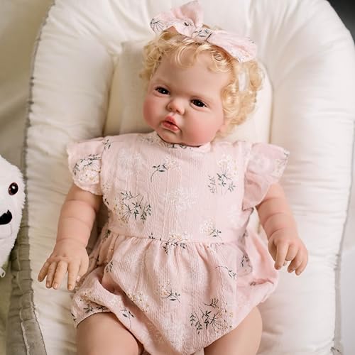 ROSHUAN Real Life Reborn Kleinkind Puppen Mädchen 24 Zoll große Größe Realistische Reborn Babypuppen Lockiges Haar, das echt lebensecht aussieht Kleinkind Puppe Weiches Tuch beschwerter Körper von ROSHUAN