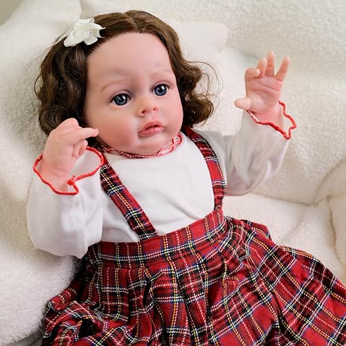 ROSHUAN Realistische Reborn Baby Puppen 20 Zoll Weicher Körper Lebensechte Neugeborene Babypuppen Mit Lockigem Haar & Karierter Rock, Das Sieht echt aus Kleinkind Puppe Kinder Geschenke von ROSHUAN