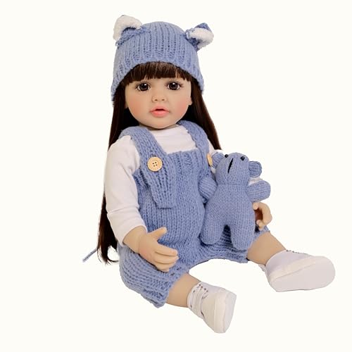 ROSHUAN Realistische Reborn Baby Puppen Mädchen 22 Zoll Lebensechte Neugeborene Babypuppen Ganzkörper Vinyl Silikon mit Langem Geradem Haar, das echtes aussieht Kleinkind Puppe Spielzeug von ROSHUAN