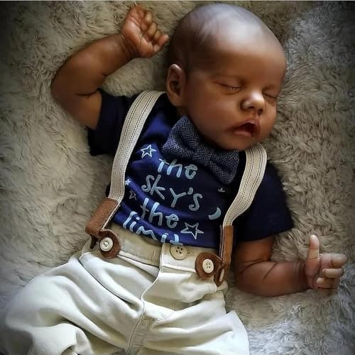 ROSHUAN Realistische Reborn-Babypuppe, Silikon, Ganzkörper-Vinyl, schwarzer Junge, 45,7 cm, afrikanische amerikanische Babypuppe, lebensechte schlafende Baby-Puppen, Spielzeug für Kinder ab 3 Jahren von ROSHUAN