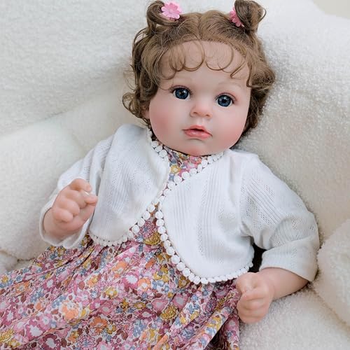 ROSHUAN Realistische Reborn-Babypuppe, weicher Stoffkörper, 50,8 cm, lebensechte Babypuppe, Mädchen, die echte Babypuppe mit braunen Haaren und Blumenkleid aussieht, Geschenke für Kinder ab 3 Jahren ROSHUAN Realistische Reborn-Babypuppe, weicher Stoffkörper, 50,8 cm, lebensechte Babypuppe, Mädchen, die echte Babypuppe mit braunen Haaren und Blumenkleid aussieht, Geschenke für Kinder ab 3 Jahren von ROSHUAN