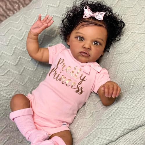 ROSHUAN Realistische Reborn-Babypuppen, schwarzes Mädchen, 50,8 cm, echtes Leben, Babypuppen, lockiges Haar, weiches Tuch, Körper, afrikanisch-amerikanisch, lebensechte Neugeborene, Puppe, Spielzeug von ROSHUAN