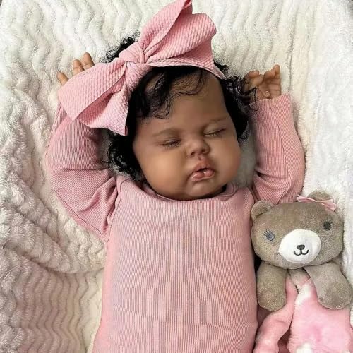 ROSHUAN Realistische Reborn Babypuppen Schwarz Mädchen 19 Zoll Afroamerikanisch Real Life Babypuppen Weiches Tuch Körper Lockiges Haar Lebensechte Neugeborene Schlafende Babys Puppe Spielzeug für von ROSHUAN