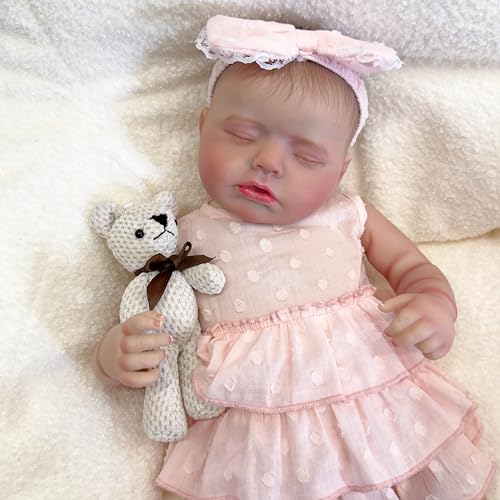 ROSHUAN Realistische Reborn Babypuppen Silikon Ganzkörper 19 Zoll Real Life Babypuppen Schlafendes Mädchen, die echt lebensecht aussehen Neugeborene Babys Puppe Handgemachtes Spielzeug für Kinder ab 3 von ROSHUAN
