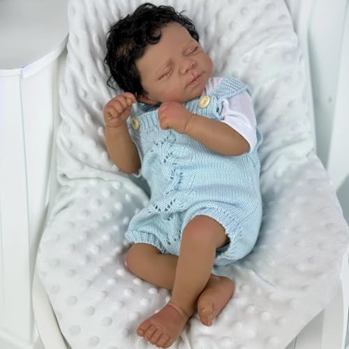 ROSHUAN Realistische Reborn Babypuppen Silikon Ganzkörper Schwarz Junge 18 Zoll Afroamerikanisch Real Life Babypuppen Lebensechte Neugeborene Schlafende Babys Puppe, die echt aussehen Spielzeug von ROSHUAN
