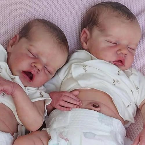 ROSHUAN Realistische Reborn Babypuppen Silikon Ganzkörper Zwillinge Mädchen 18 Zoll Real Life Babypuppe Weiches Vinyl, das echt aussehen Zwei Babys Lebensechte Neugeborene Babys Zwillinge Puppen von ROSHUAN