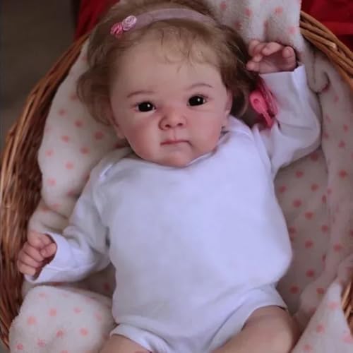 ROSHUAN Reborn Baby Puppe Mädchen 18 Zoll Realistische Babypuppen Vollsilikon Körper Lebensechte Neugeborenen Babypuppe Lockige Haare Die Aussehen Wie Echtes Baby Für Kinder von ROSHUAN
