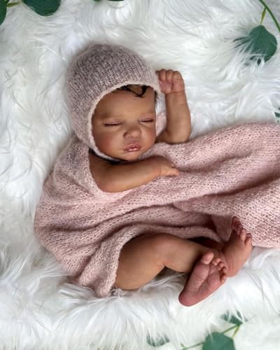 ROSHUAN Reborn-Baby-Puppe Schwarzes Mädchen 19 Zoll 48 cm Lebensecht Realistisch Niedlich Schlafend Mit Stoffkörper von ROSHUAN