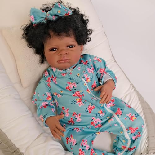 ROSHUAN Reborn Baby Puppen Schwarzes Mädchen 20 Zoll 50 cm Lebensechtes Realistisches Afroamerikanisches Baby Stoffkörper Real Life Size Bebe Weighted Newborn Black Dolls Mit Dunkelbrauner Haut von ROSHUAN
