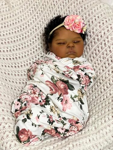 ROSHUAN Reborn Baby Puppen Schwarzes Mädchen 50 cm Realistische Afroamerikanische Puppen Silikon Ganzkörper Vinyl Dunkelbraune Haut Neugeborenes Schlafendes Baby Schwarz Real Life Reborn Kleinkind von ROSHUAN