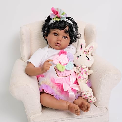 ROSHUAN Reborn Baby Puppen Schwarzes Mädchen Afrikanisch Amerikanisch 20 Zoll Weicher Körper Realistisches Lebensechte Neugeborene Babypuppen Taupe Augen Lockiges Haar Für Kinder Alter 3+ von ROSHUAN