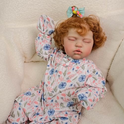 ROSHUAN Reborn Babypuppe Schlafende Mädchen 19 Zoll Handgefertigt Waschbar Blonde Curly Hair Puppe Weicher Stoffkörper Lebensechte Neugeborene Baby Puppen Sieht aus wie EIN echtes Baby von ROSHUAN