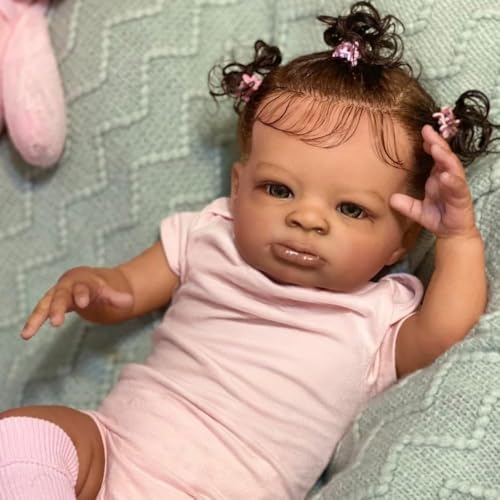 ROSHUAN Reborn Babypuppen, schwarzes Mädchen, 50,8 cm, realistische Babypuppe, weiches Tuch, Körper, lockiges Haar, lebensechte Neugeborenen-Puppen, afrikanische amerikanische Reborn-Puppe, Spielzeug von ROSHUAN