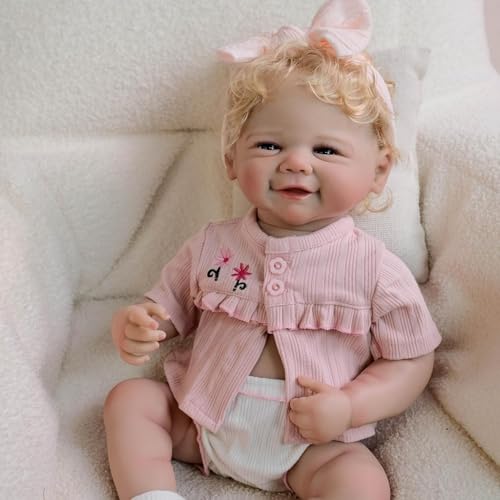 ROSHUAN Reborn Babypuppen Anatomisch korrekt Mädchen 48,3 cm Realistische Neugeborene Babypuppe, die echt aussehen wie lächelnde Babys, Vollsilikon Vinyl Reborn Girl Puppen Spielzeug von ROSHUAN