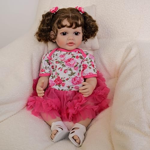 ROSHUAN Reborn Babypuppen Mädchen Weiche Volle Vinyl Körper 22 Zoll Realistische Neugeborene Baby Puppen, Die Echtes Leben Kleinkind Babypuppe Mit Lockigem Haar Und Prinzessin Kleid von ROSHUAN