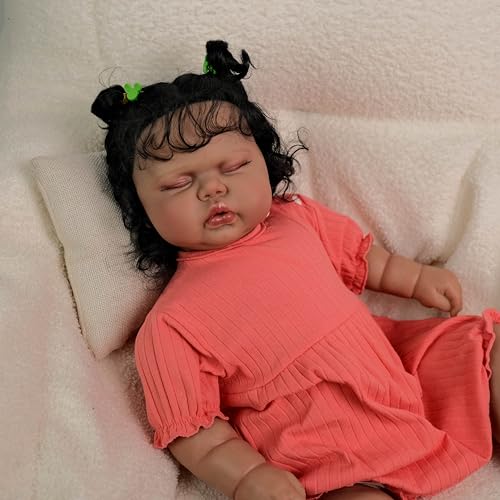 ROSHUAN Reborn Babypuppen Schlafendes Mädchen 24 Zoll Afroamerikanisch Realistische Neugeborene Baby Puppen Weicher Körper Lockiges Haar Und Schwarzbrauner Haut Lebensechte Kleinkind Puppe von ROSHUAN