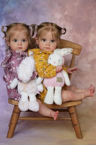 ROSHUAN Reborn Babypuppen Zwillinge 24 Zoll 60 cm Zwillinge Realistisch Lebensechte Babypuppen Echtes Leben Neugeboren Handgefertigte Babypuppen Mit Kleidung Set von ROSHUAN