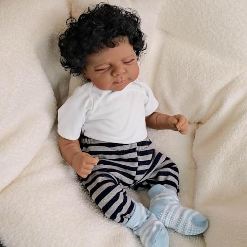 ROSHUAN Schwarze Reborn Babypuppen Silikon Ganzkörper Vinyl Mädchen 18 Zoll Afroamerikanisch Realistisch Schlafende Babypuppe, die echt lebensechte Neugeborene Puppen für Kinder ab 3 Jahren aussehen von ROSHUAN