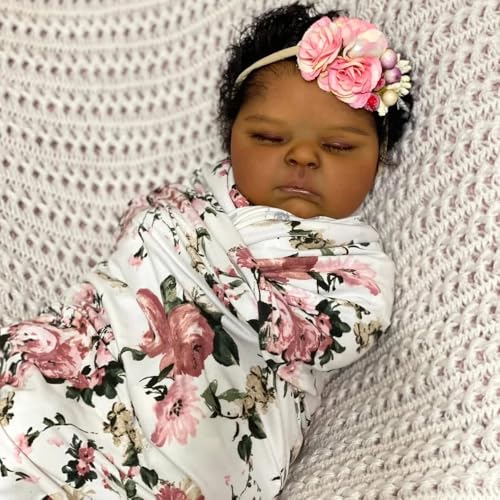 ROSHUAN Schwarzes Afroamerikaner Reborn Kleinkind Puppe Mädchen 20 Zoll Silikon Lebensechte Babypuppen Echtes Leben Weiches Vinyl Körper Lockiges Haar Realistisches Neugeborenes Babypuppe von ROSHUAN