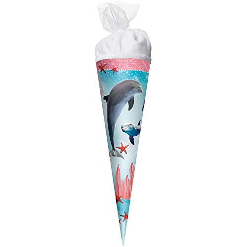 ROTH Geschenk-Schultüte klein Delfin mit Seesternen 35 cm - rund Tüllverschluss - Zuckertüte von ROTH