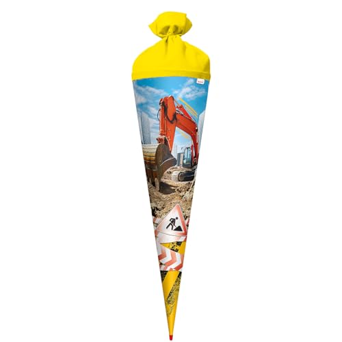 ROTH Schultüte groß Achtung Bagger 70 cm - rund, Rot(h)-Spitze, Filzverschluss - Zuckertüte, Folieneffekt von ROTH