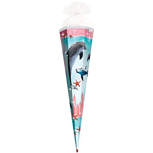 ROTH Schultüte groß Delfin mit Seesternen - Glitter und Glitzer-Borte 85 cm - 6-eckig Rot(h)-Spitze Tüllverschluss - Zuckertüte Glitzer von ROTH