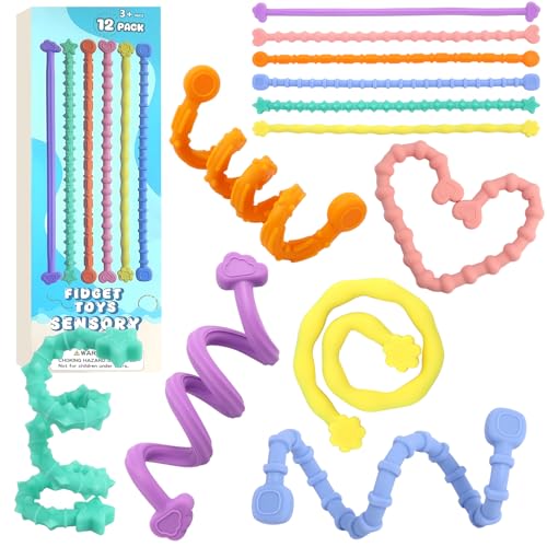 12 Piece Fidget Toys Silikon Sensorik Stick, Sensory Spielzeug für ADHS, Silikon Sensorische Spielzeug für Autismus Kinder, Sensorisches Reise Kinderspielzeug zur Kinder ab 3 Jahr & Erwachsene von ROTKUSZ