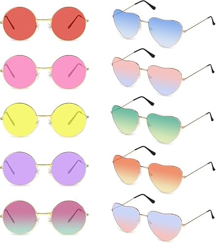 ROTKUSZ 10 Paare Partybrille, Rund Hippie Sonnenbrille, Herz Sonnenbrille, Herzbrille für Halloween, Fasching, Geburtstagsfeier Party von ROTKUSZ