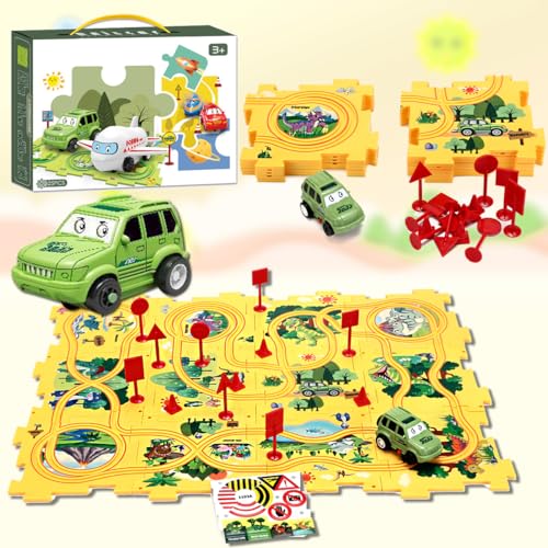 2023 Neues Kinder-Puzzle-Track-Auto-Spielset, DIY-Montage eines elektrischen Trolleys für Kinder (Dinosaurier) von ROUSKY