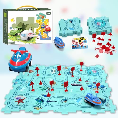 2023 Neues Kinder-Puzzle-Track-Auto-Spielset, DIY-Montage eines elektrischen Trolleys für Kinder (Ozean) von ROUSKY