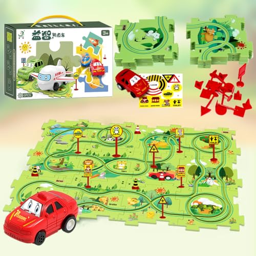 ROUSKY 2023 Neues Kinder-Puzzle-Track-Auto-Spielset, DIY-Montage eines elektrischen Trolleys für Kinder (Wald) von ROUSKY