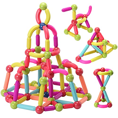 ROUSKY Magnetische Spielzeugbausteine Set,Magnet Building Sticks Set, Bausteine Fliesen, STEM Stapelspielzeug für Kind Alter 3+ (Mehrfarbig-128 PCS) von ROUSKY