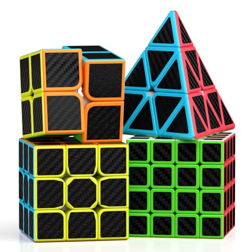 ROXENDA Zauberwürfel Set Kohlefaser 2X2 3X3 4X4 Pyramide Speed Würfel Set mit Würfel Tutorial für Kinder und Erwachsene, [4er Pack] von ROXENDA